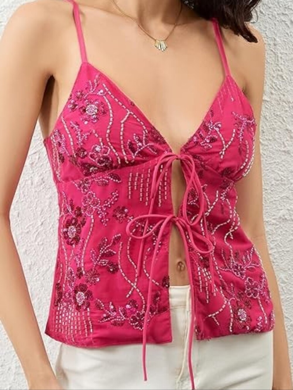 NWT Hot Pink Sequin & Bead Tie Front Cami  (0078)